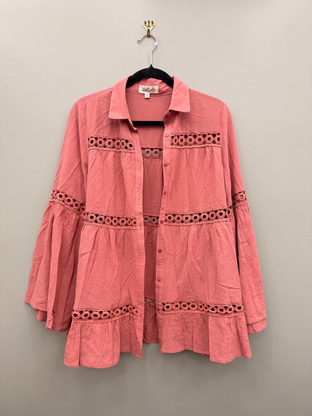 Listicle Cotton Blouse S Dusty Rose Crochet Eyelet Button Front Boho Tunic